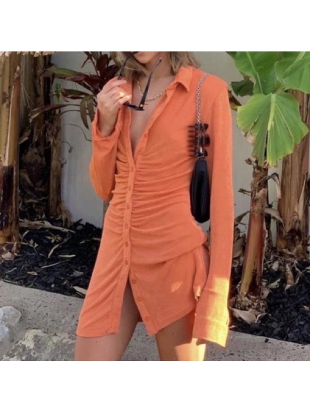 With Jean Orange Ruched Button-Front Dress - Picture 5 of 9
